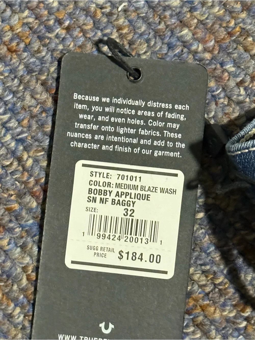 True Religion Men's Blue Jeans with Turquoise Script Patch
